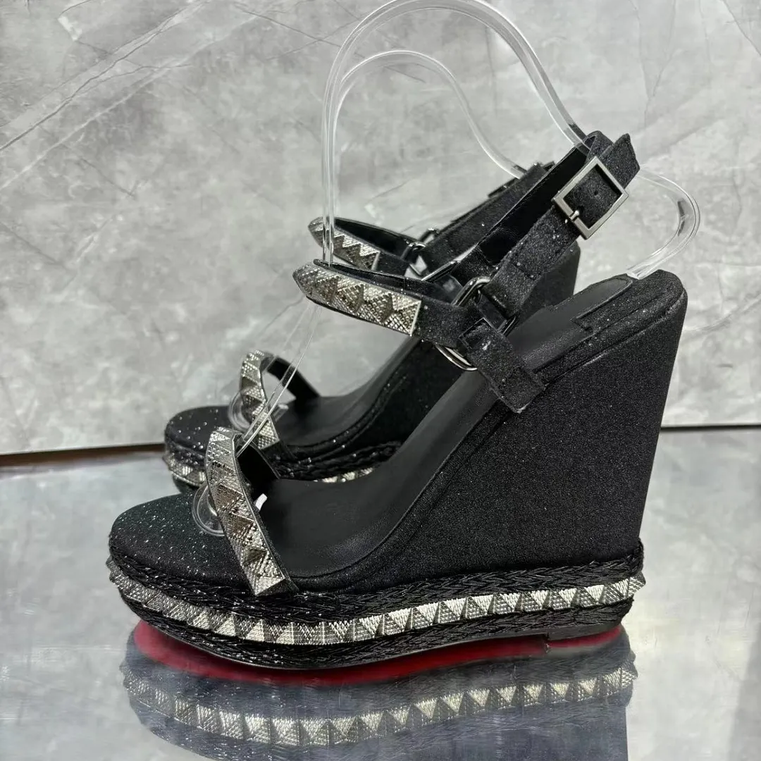  120mm/4.72 Inch Rivet Wedge Sandals Women's Summer New Woven One-piece Waterproof Platform Thick Red Bottom Sandals-vocosishoes