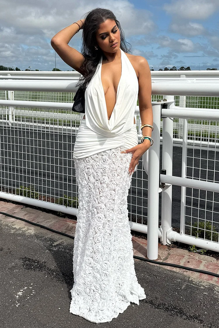 Cowl Neckline Halter Ruched Bodycon 3D Flower Maxi Dresses-White