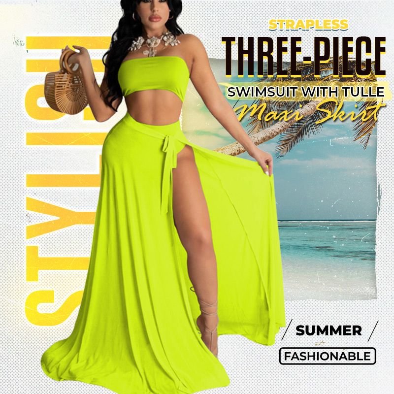 Strapless Three-piece Swimsuit with Tulle Maxi Skirt