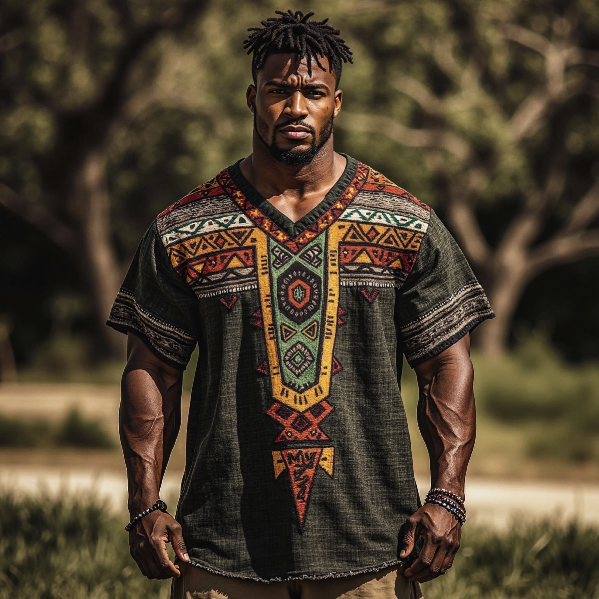 Men's African Ethnic Geometric Juneteenth Black Pride Art Print Linen T-shirt