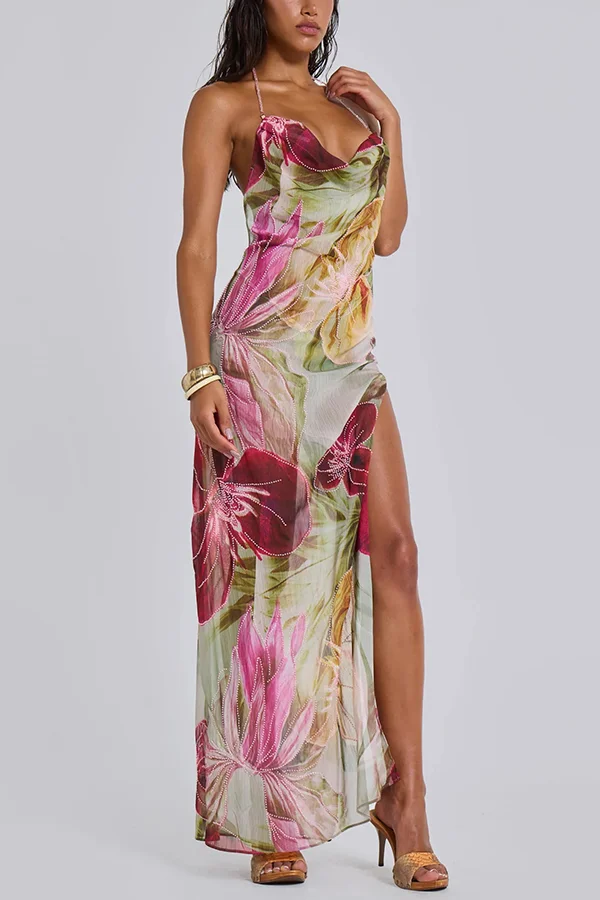 Floral Print Sexy Backless Slit See-Through Holiday Maxi Dress