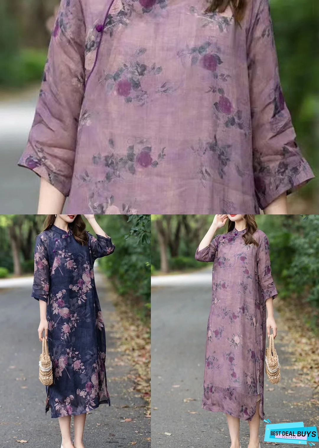 Vintage Purple Stand Collar Print Patchwork Linen Dress Summer