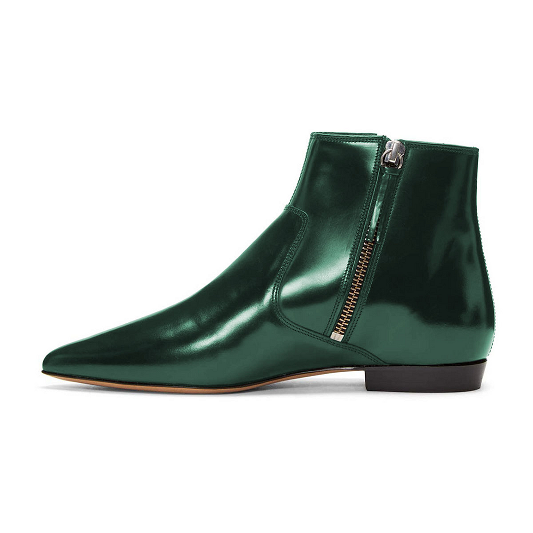 Dark Green  Pointed Toe Zipper Flat Ankle Boots Nicepairs