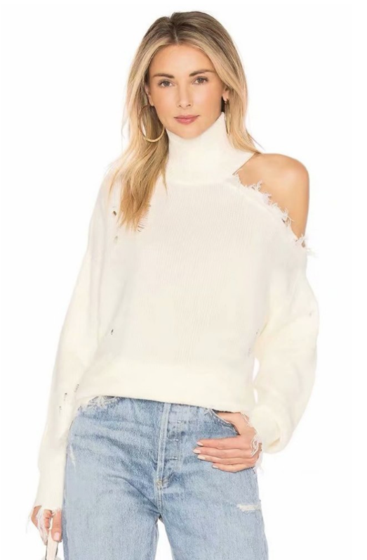 Dark Style Vintage Basic Solid Color Ripped Turtle Collar Cold Shoulder Long Sleeve Sweater