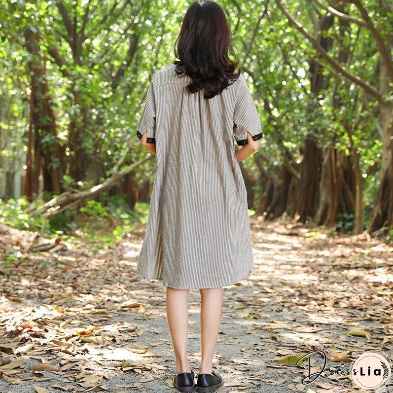 Women Stand Collar Buttons Stripe Pockets 1/2 Sleeve Dress