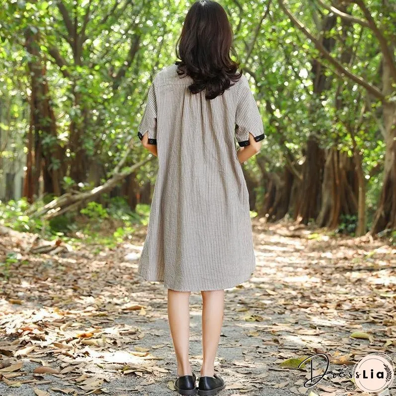 Women Stand Collar Buttons Stripe Pockets 1/2 Sleeve Dress