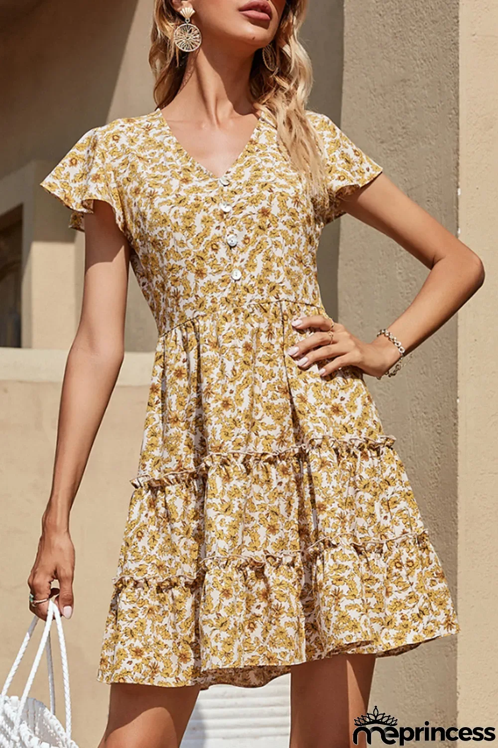 Fashion Elegant Floral Buckle Flounce V Neck A Line Dresses