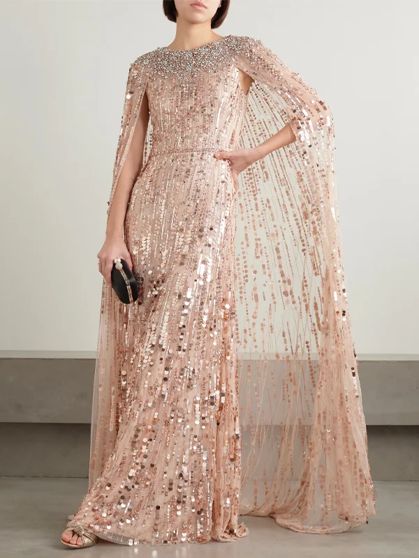 Round Neck Sequined Solid Color Maxi Dress