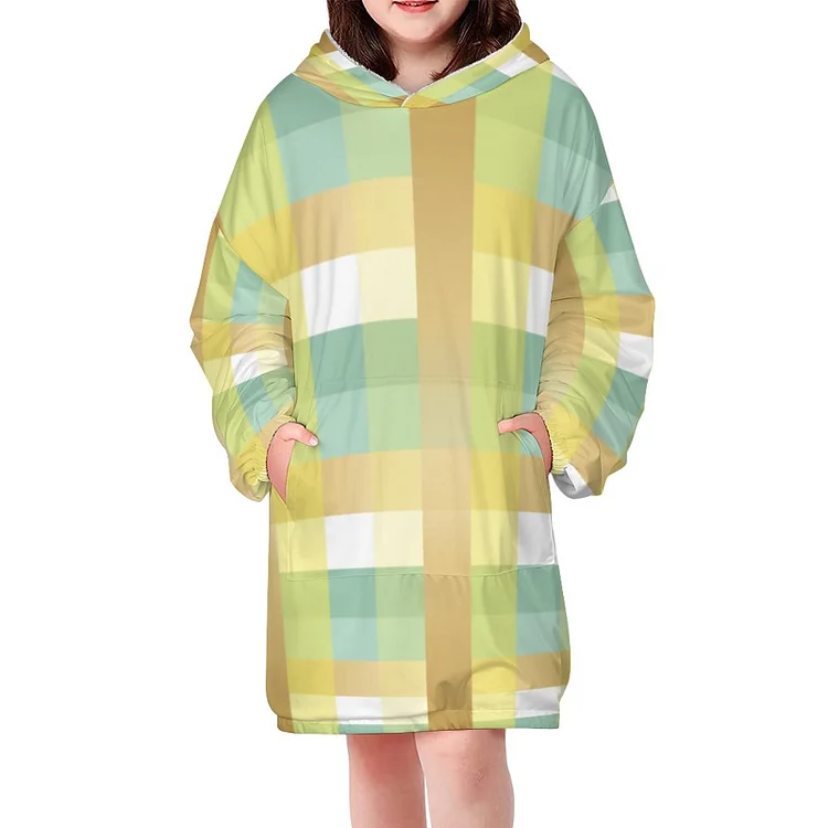 Yellow Gold Brown Mint And White Plaid Boys and Girls Oversized Sherpa Hooded Blanket Children Oversize Sweatshirt TV-Blanket - Heather Prints Shirts