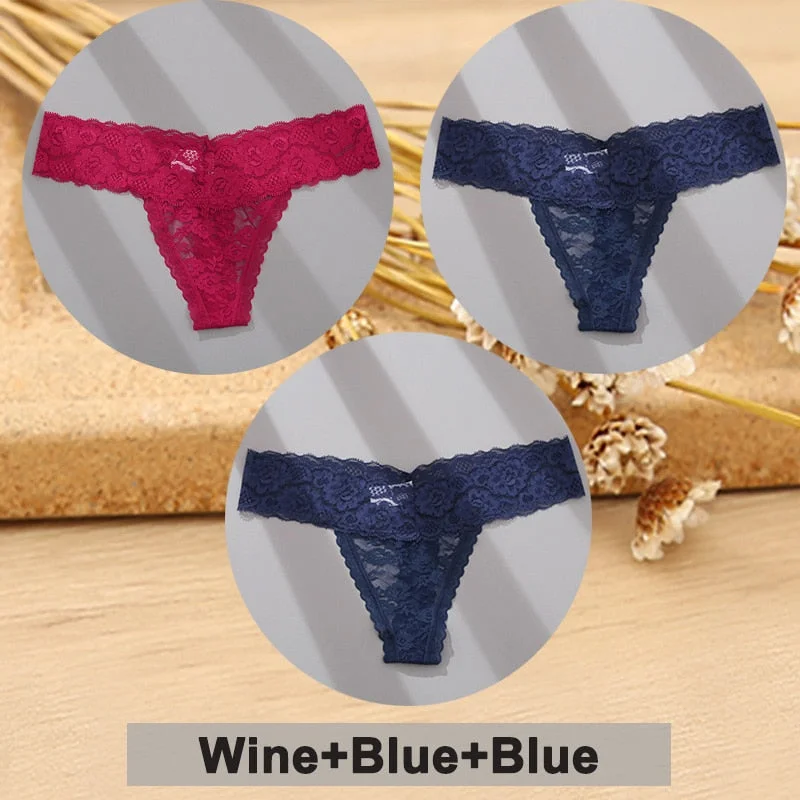 3PCS/Set Lace Panties Full Floral Underwear Women Panties Underpants Sexy Briefs Thong Lace G-String Female Lingerie Intimates