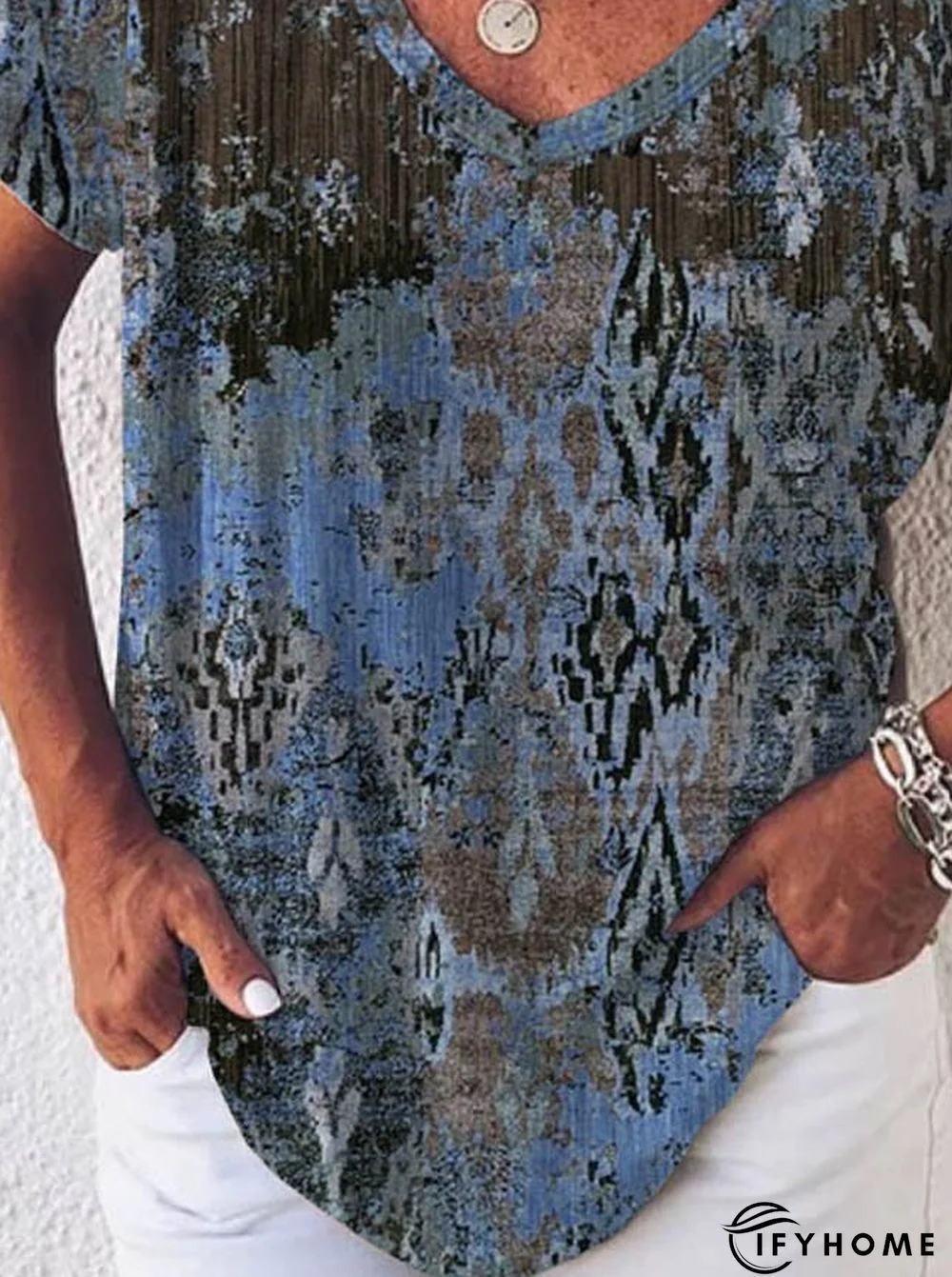 Paisley Short Sleeve Printed  Cotton-blend  V neck Boho Summer Blue Top | IFYHOME