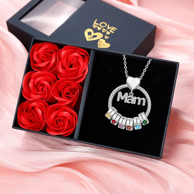 6 Names-Personalized Mam Circle Necklace With 6 Birthstones Pendant Engraved Names Gift Set With Rose Gift Box For Mother