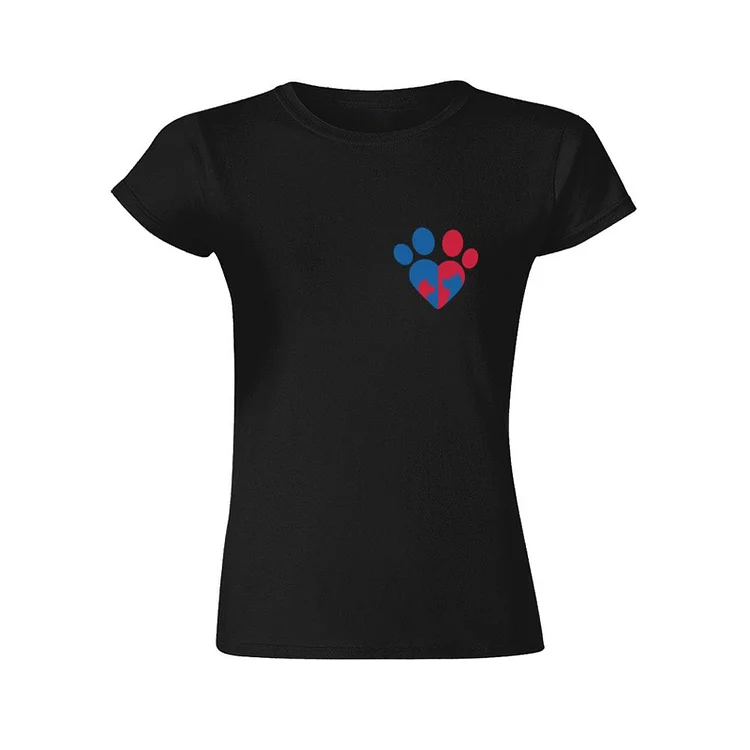 Cat and Dog Footprint Red and Blue T-Shirt &Agrave; Col Rond &Agrave; Manches Courtes Gildan Pour Femme