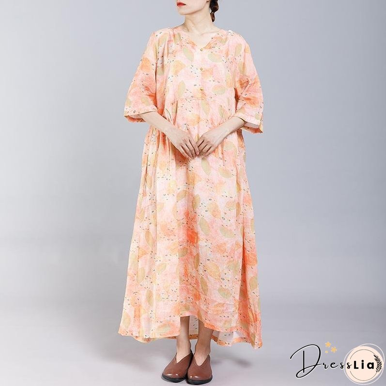 Print V-Neck Button Casual Women Dress