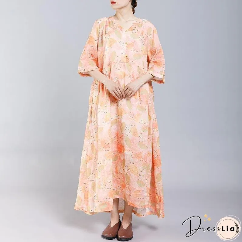 Print V-Neck Button Casual Women Dress