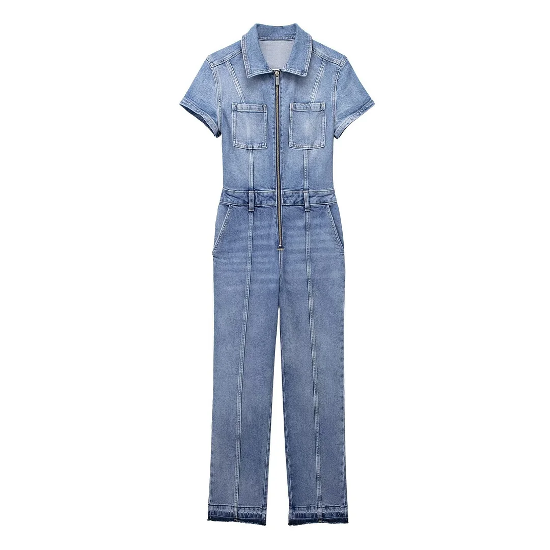 Women's Street Wear Short Sleeve Summer Denim Jumpsuit Overall One Piece