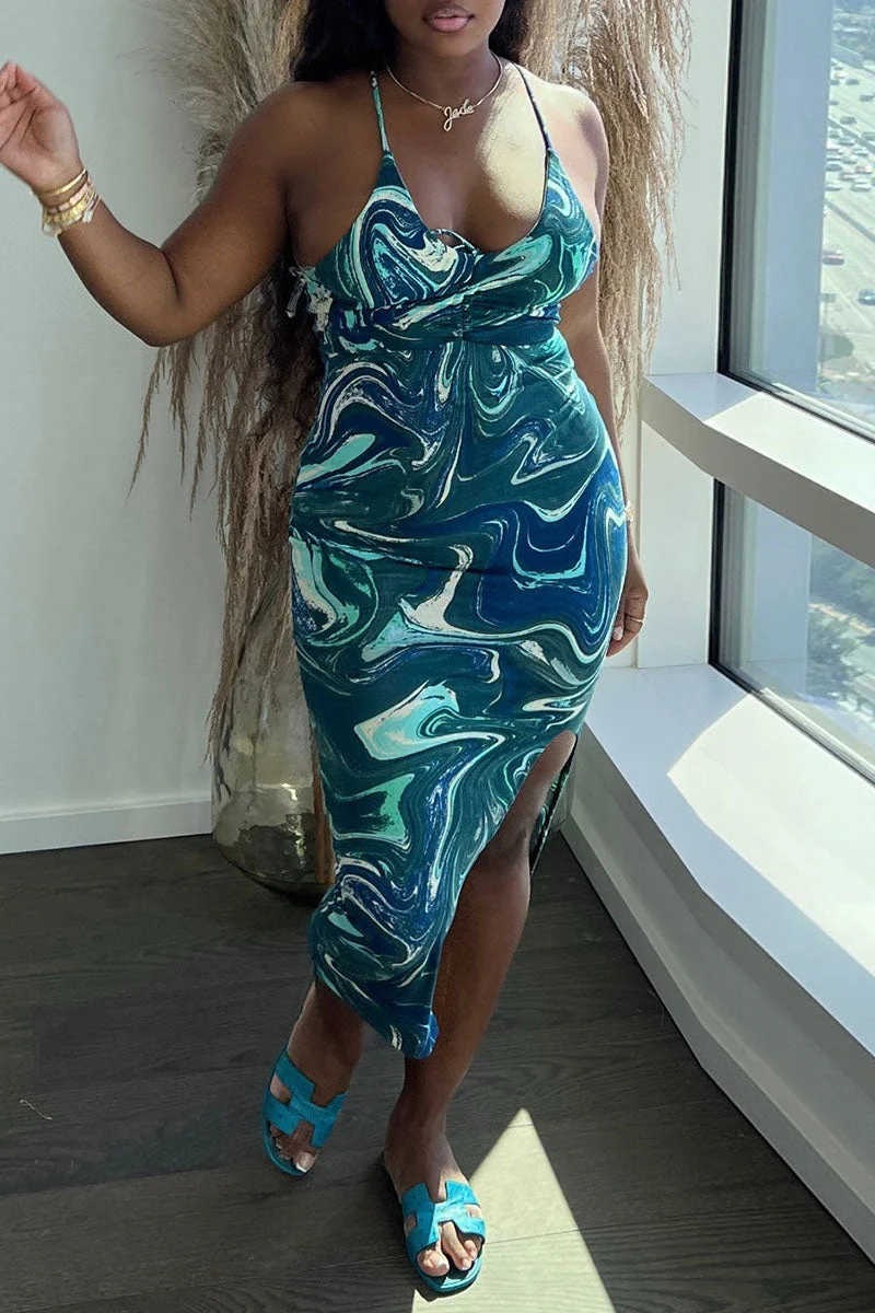 Fashion Sexy Print Backless Slit Spaghetti Strap Sleeveless Dress