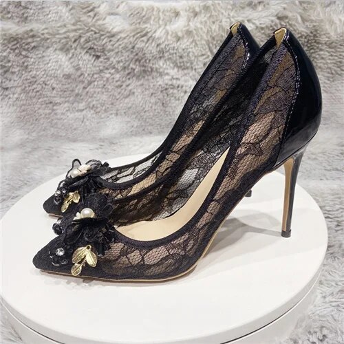 VCshoes Pink Black Flower Decoration Pointed Toe 12cm 10cm 8cm High Heels Work Party Shallow Women Pumps SJ005