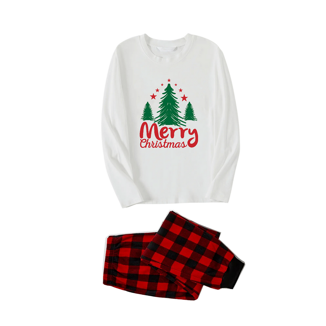 Merry Christmas Letter & Tree Printed Pattern White Long Sleeve Top And Red & Black Plaid Pants Family Matching Pajamas