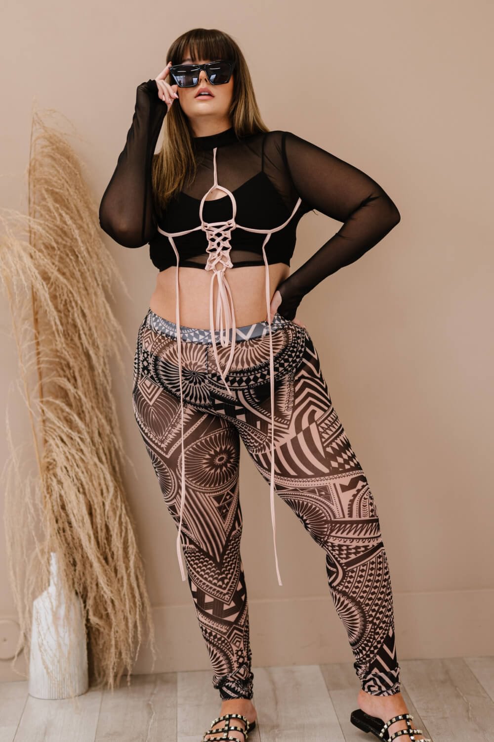 Lace-Up Cropped Top and Printed Leggings Set MusePointer