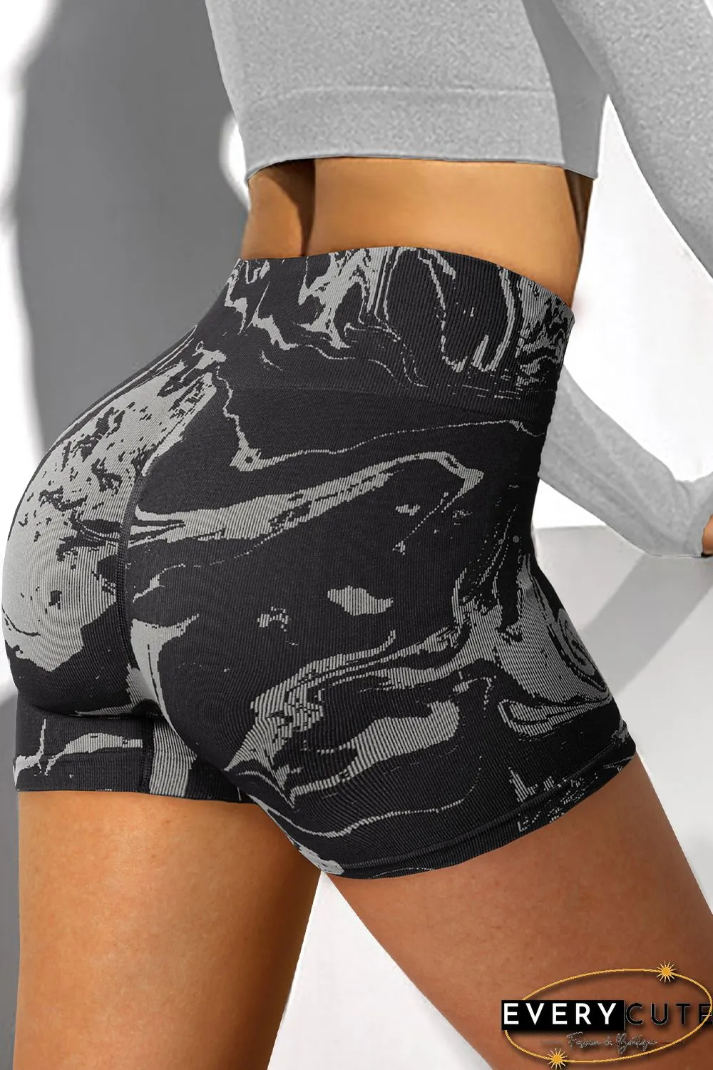 Black Abstract Print Ribbed High Waist Active Bottoms