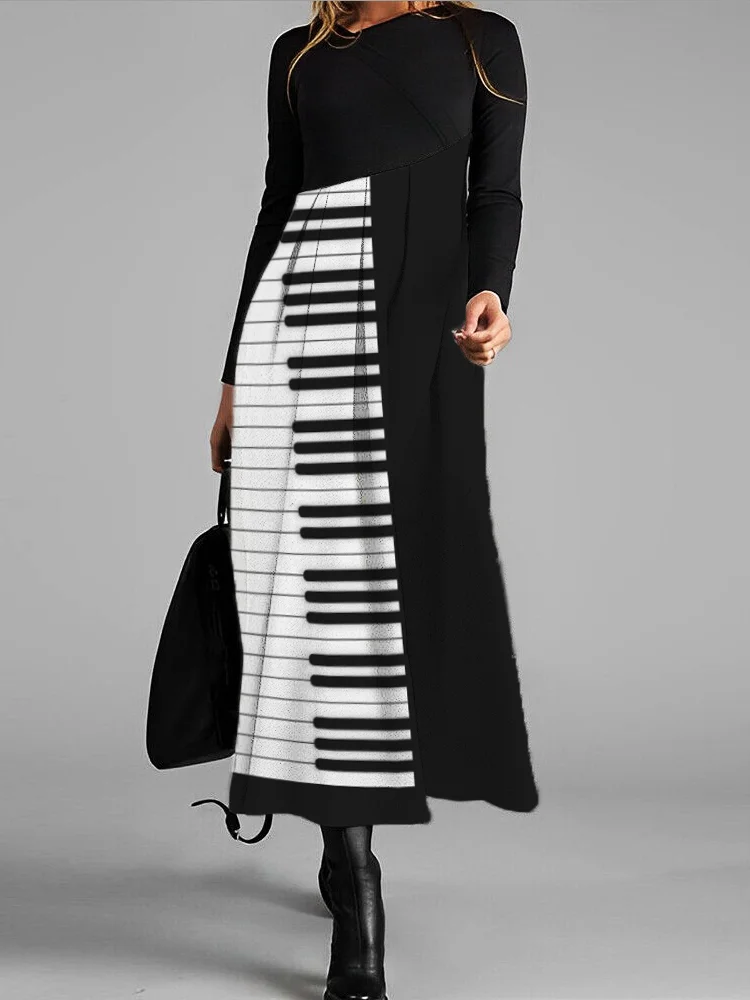 Piano Keys Contrast Pleated Maxi Dress