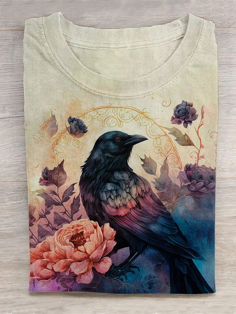 Unisex Halloween Raven Print Casual T-Shirt