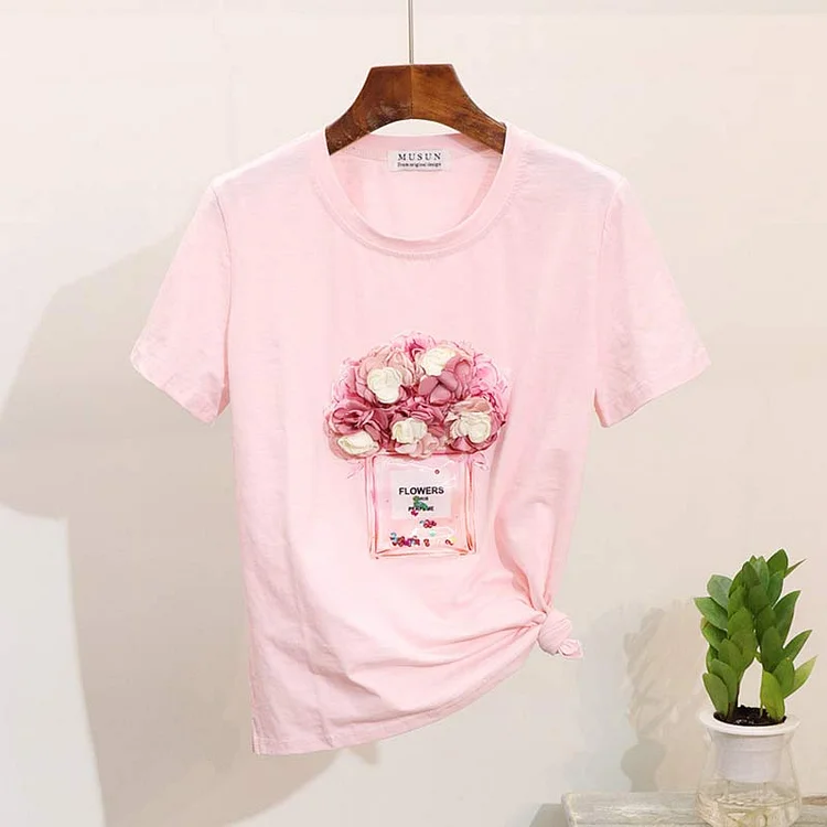 3D Flowers Bottle Print Casual T-Shirt - Modakawa Modakawa