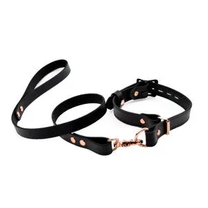 pornhint Pornhint Choke Collar & Leash Black Leather with Rose Gold | Handcrafted Black Leather Bondage Choker | BDSM Submissive Choking Collar | Col43BlkRg