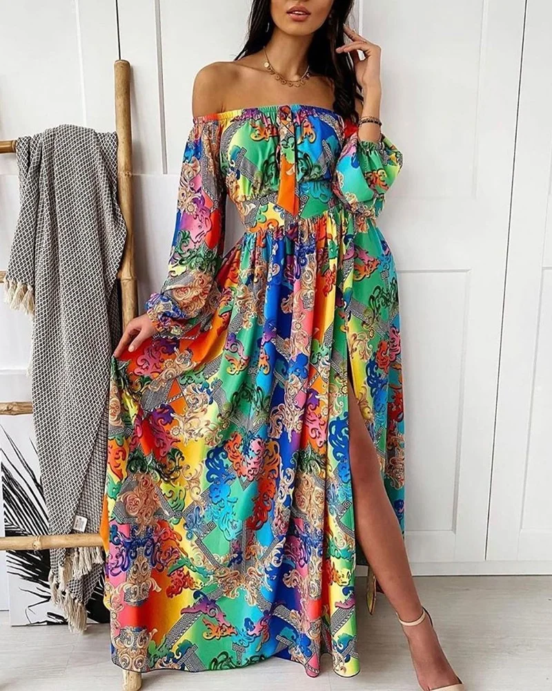 Uveng Uveng New Evening Dress Print Dress V Collar Retro Long Sleeves Open Fork Dress