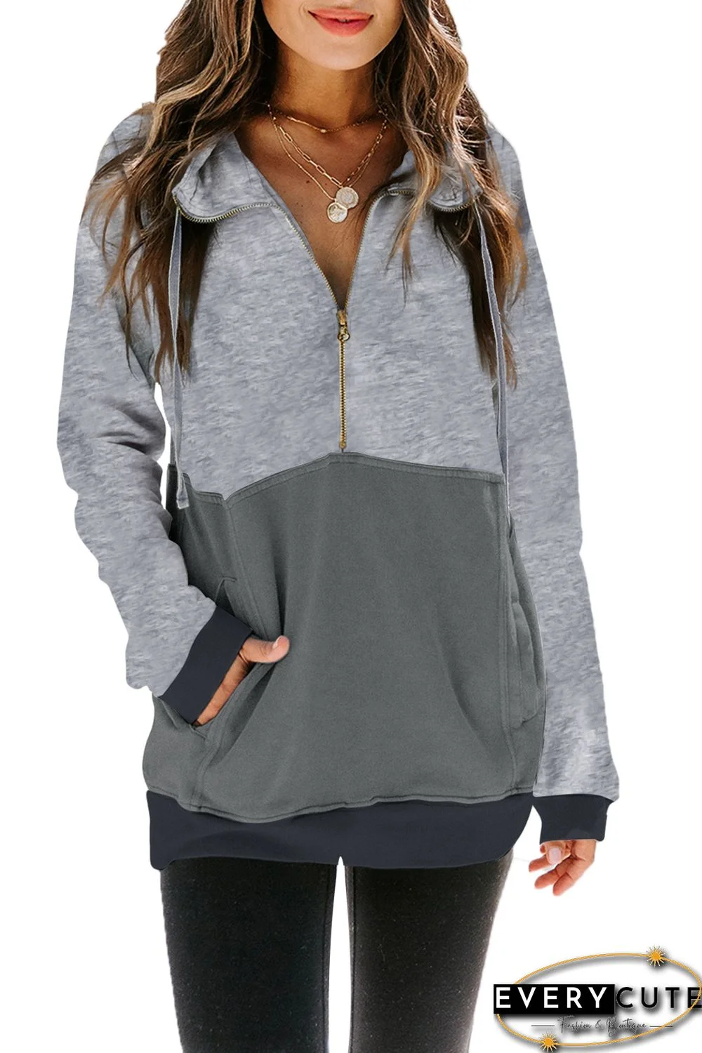 Gray Zipped Colorblock Sweatshirt with Pockets