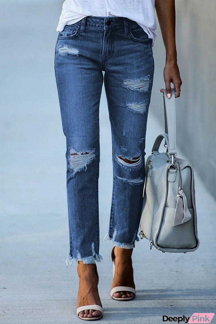 Light Blue Distressed Boyfriend Denim Pants