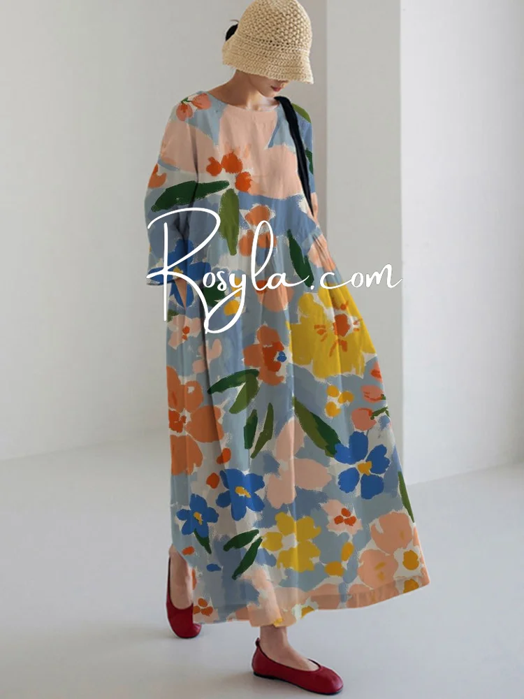 Women's Casual Ink Flory Printing Long Sleeve Midi Dress