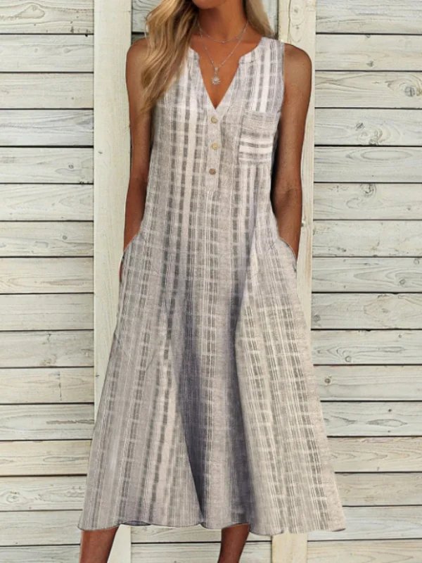Stripes Stand Collar Casual Weaving Dress