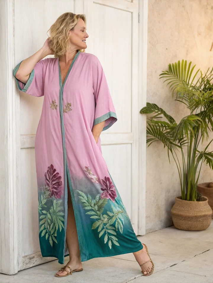 Purple Tropical Leaves Pinted Zippered Cotton Robe