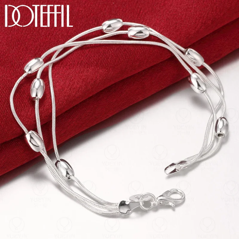 DOTEFFIL 925 Sterling Silver Smooth Beads Bean Three Snake Chain Bracelet For Women Jewelry