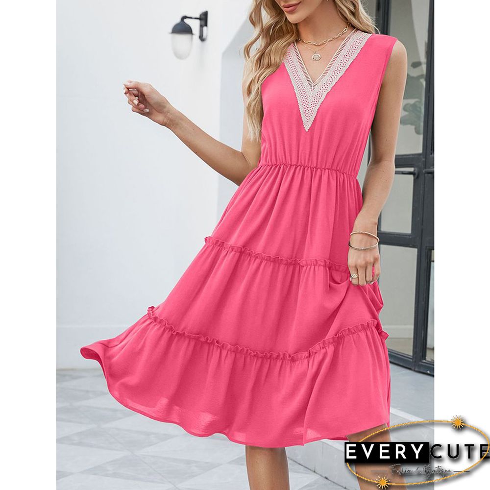 Rose Lace V Neck Tiered Sleeveless Casual Dress