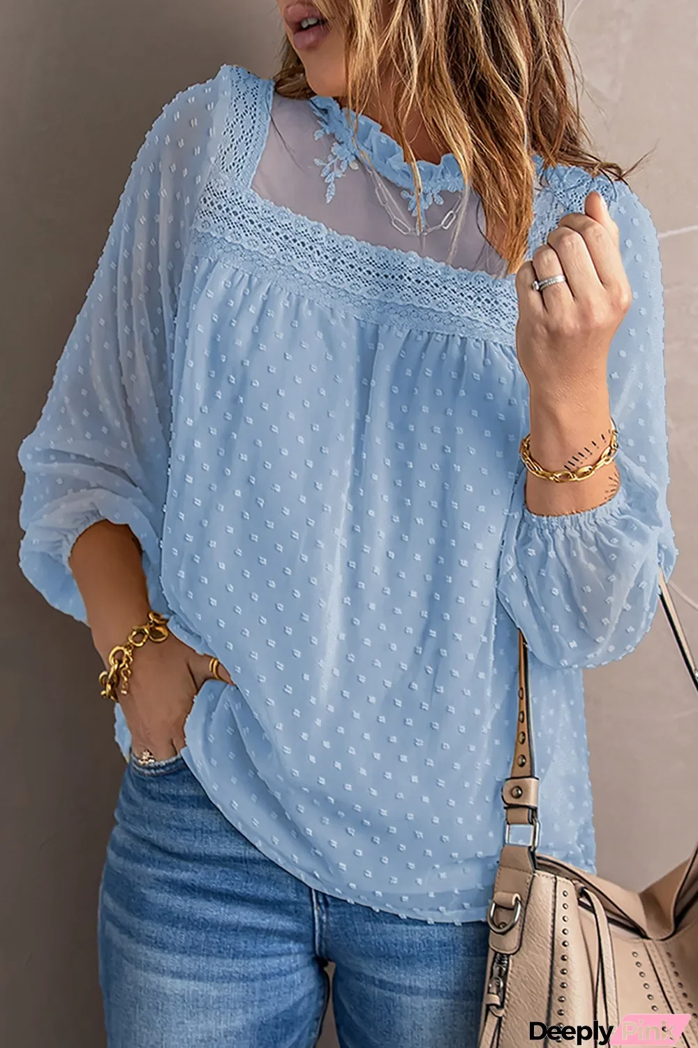 Sky Blue White Frill Neck Swiss Dot Puff Sleeve Blouse