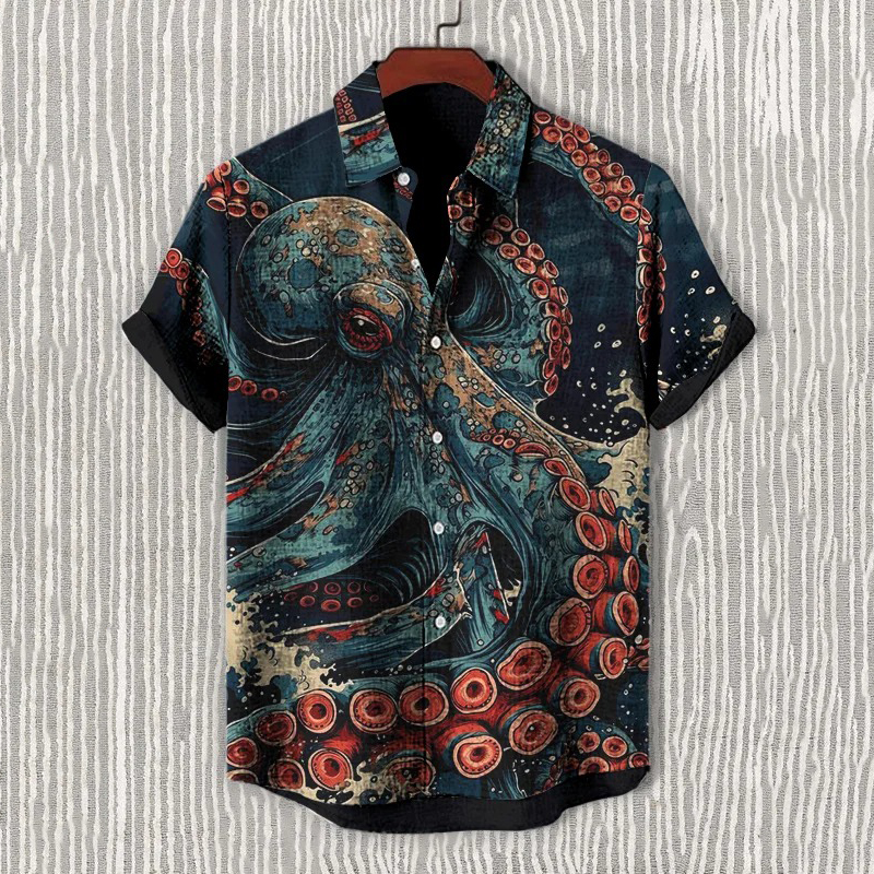 Men's Octopus Japanese Art Print Short Sleeve Shirt