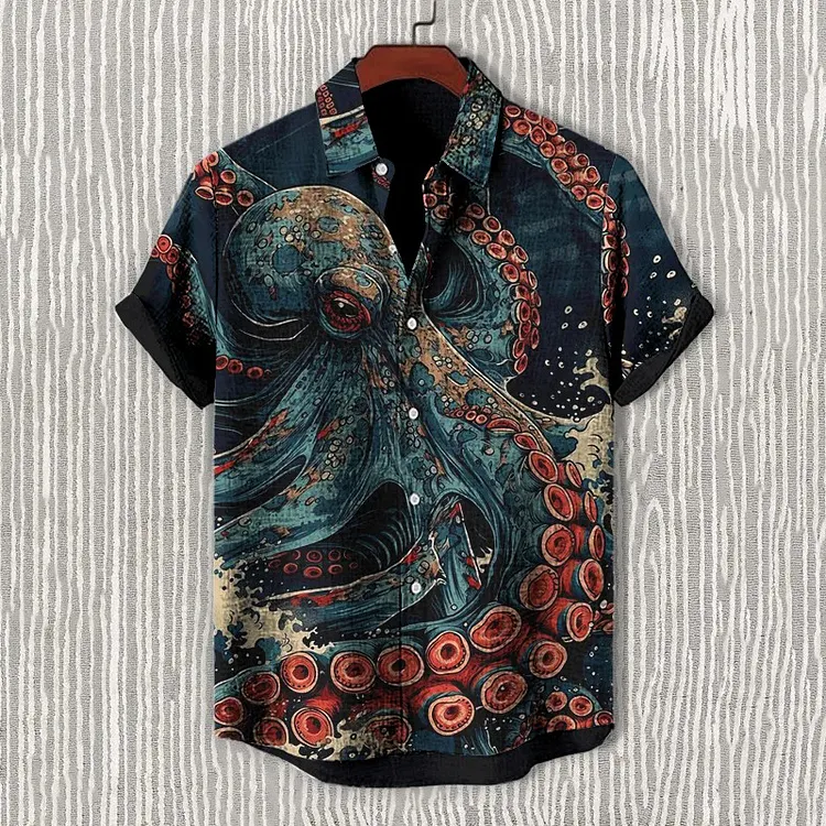 Men's Octopus Japanese Art Print Short Sleeve Shirt