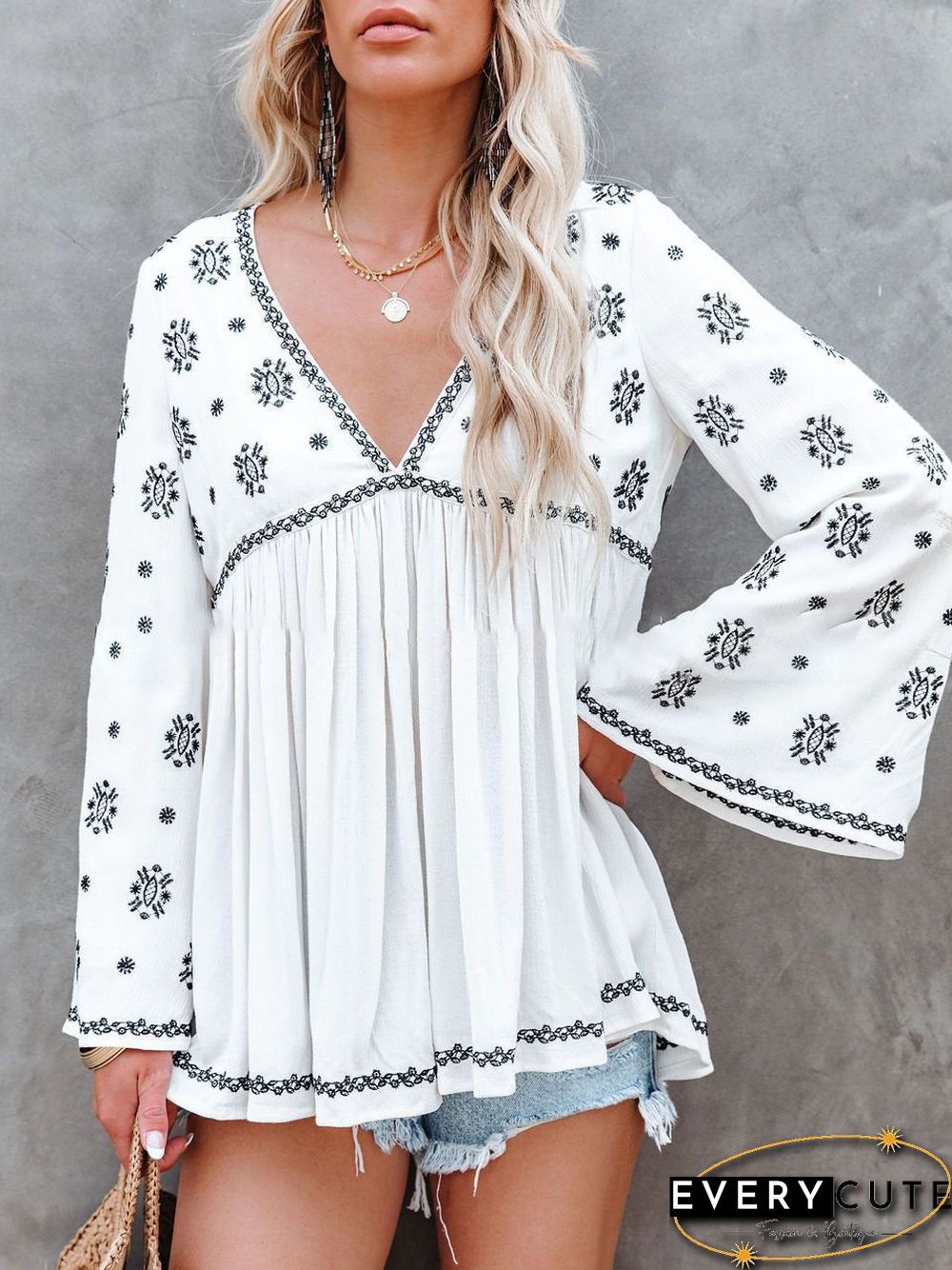 Deep V Neck Floral Printed Loose Shirt