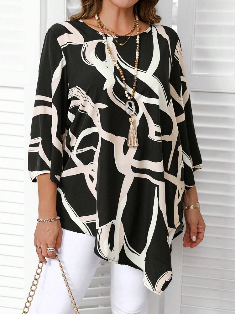 Plus Size Round Neck Long Sleeve All-Over Allover Print Fashionable Shirt