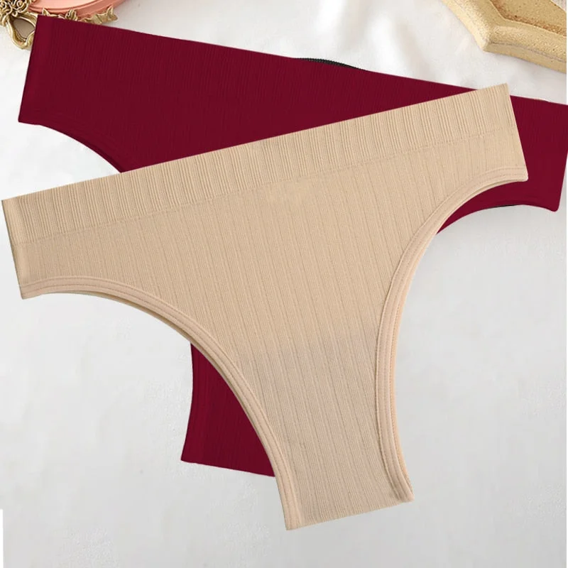 FINETOO 2PCS/Set M-XL Women Seamless Pantys 9 Solid Colors Sexy Brazilian Panties  Midi-Waist Underpants For Girls Fashion Thong