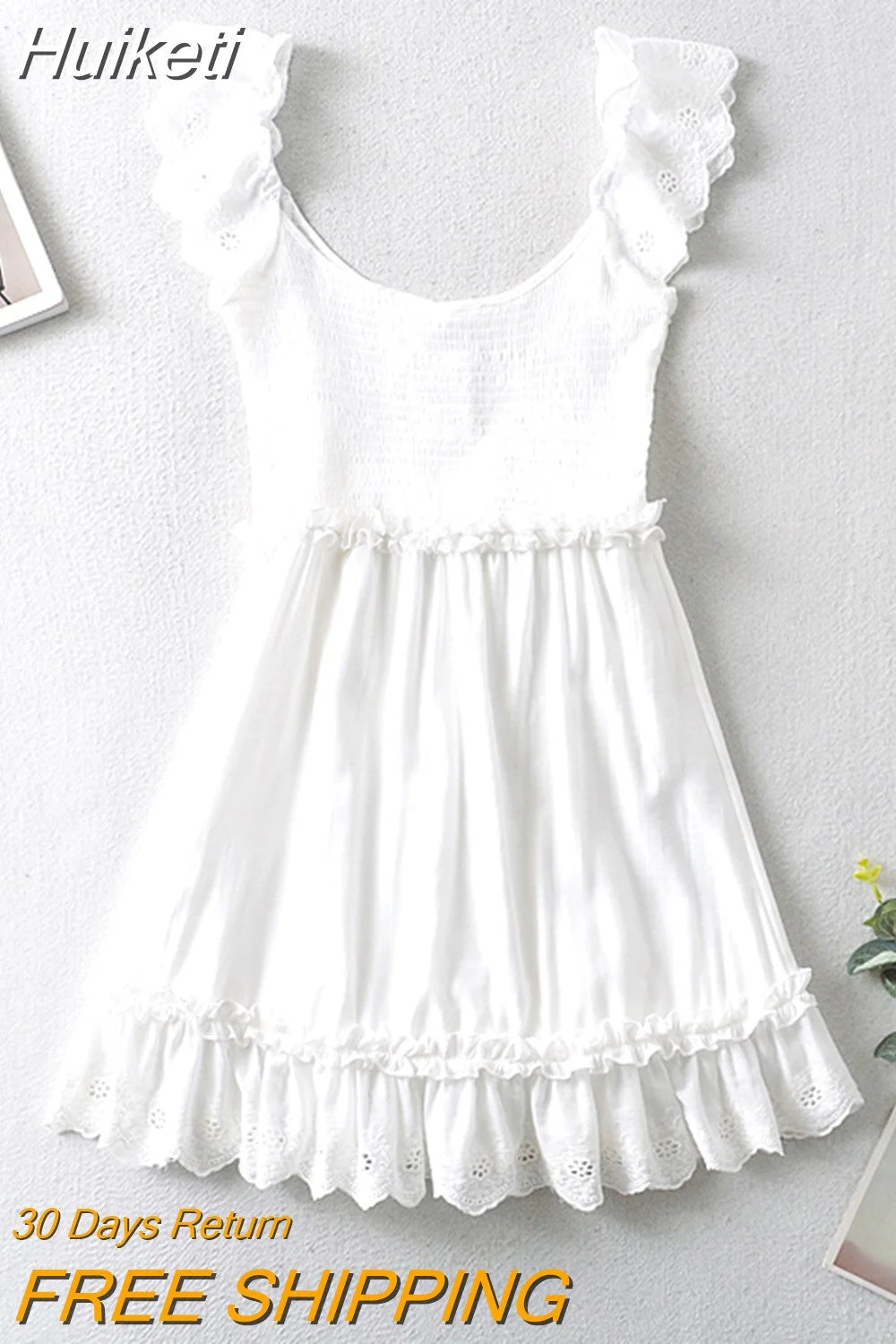 Huiketi Clothes For Women 2023 Embroidery Lace Trim Ruffle Hem Mini Dress Round Neck Sleeveless Smocked Beach Casual White Dress