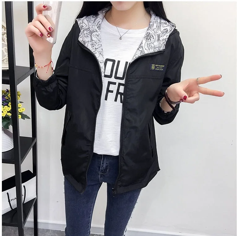 NEEDBO NEW Women Bomber Women Jacket Pocket Hooded Two Side Wear Outwear Windbreaker Famale Zipper Long Sleeve Coat 2021