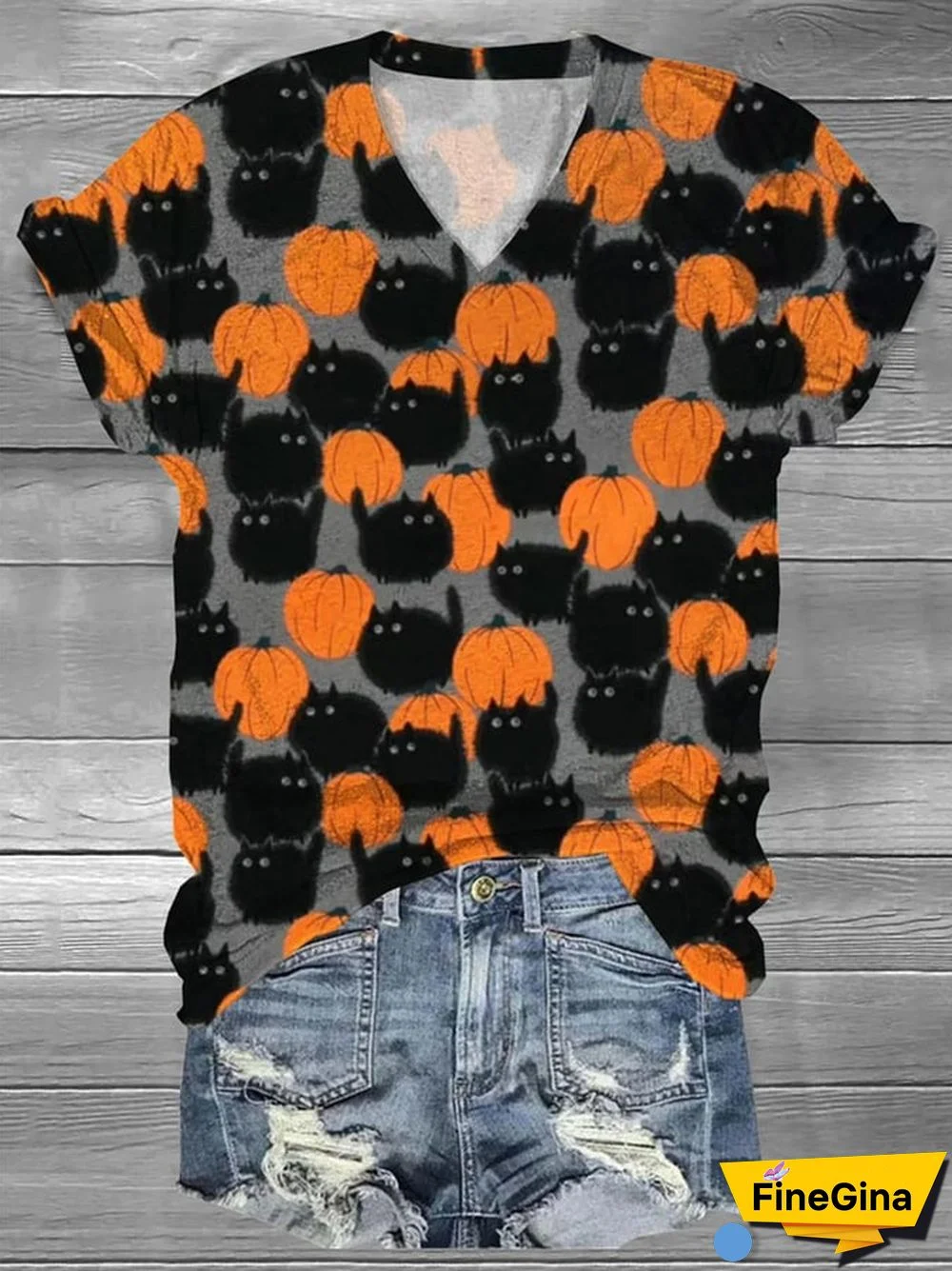 Women's Halloween Cat Pumpkin Printed V-Neck Casual T-Shirt
