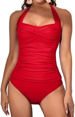 Womens Halter Ruched Tummy Control Two Piece Tankini 