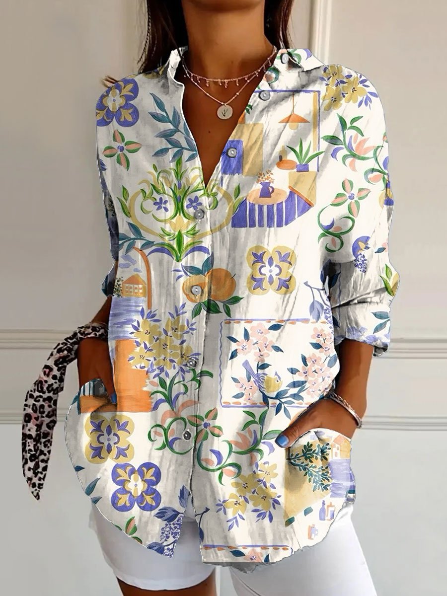 Women's Classic Floral Art Print Casual Cotton Shirt