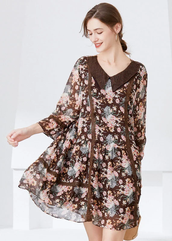 Fitted Coffee Peter Pan Collar Patchwork Print Chiffon Dresses Bracelet Sleeve