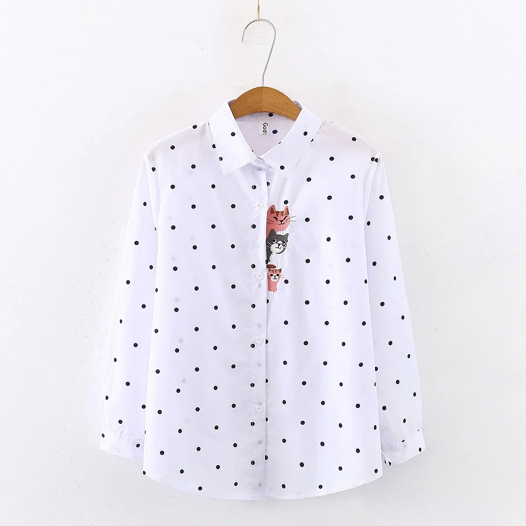 New Arrival Women Cat Embroidery White Shirt Turn-down Collar Long Sleeve Button Up Blouse Cute Girls Top Feminina Blusas T9D401